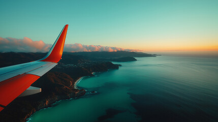 Stunning aerial view of coastline at sunset from an airplane cabin