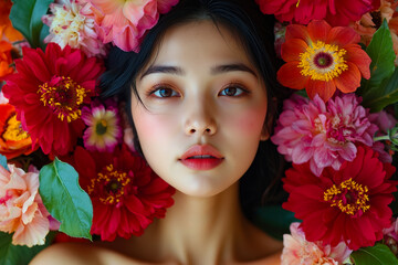 A woman with a flower crown on her head surrounded by flowers