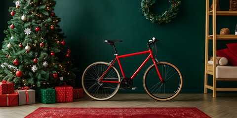 Gift bike leaning against a decorated Christmas tree with wrapped gifts underneath, creating a cozy and festive atmosphere in a bright living room. The concept of a gift under the Christmas tree.