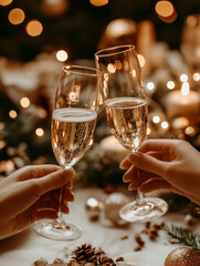 Close-up of hands toasting with champagne flutes during a festive New Year celebration