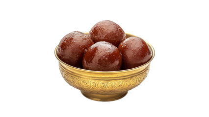 Gulab jamun in a golden bowl, cut out