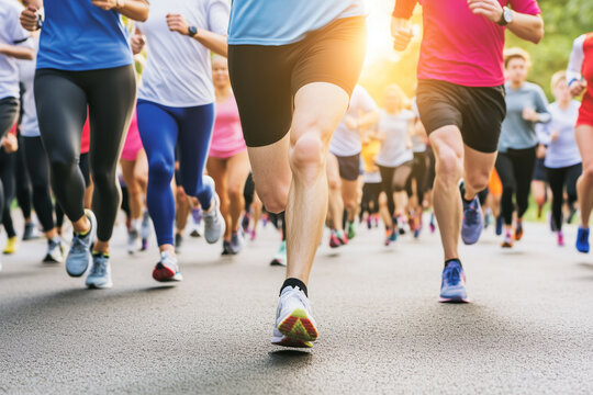 Group of Runners Running in a Stadium During a Sunny Day with Focus on Legs and Movement - Powered by Adobe