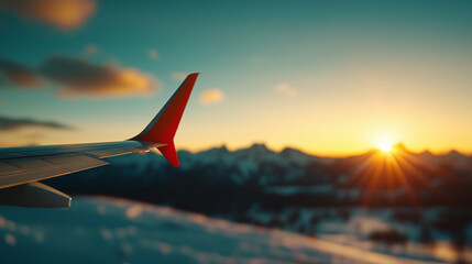 Fototapeta premium Majestic mountain range and sunset viewed from an airplane window during flight