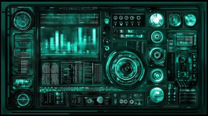 Futuristic technology interface, digital dashboard, green HUD.