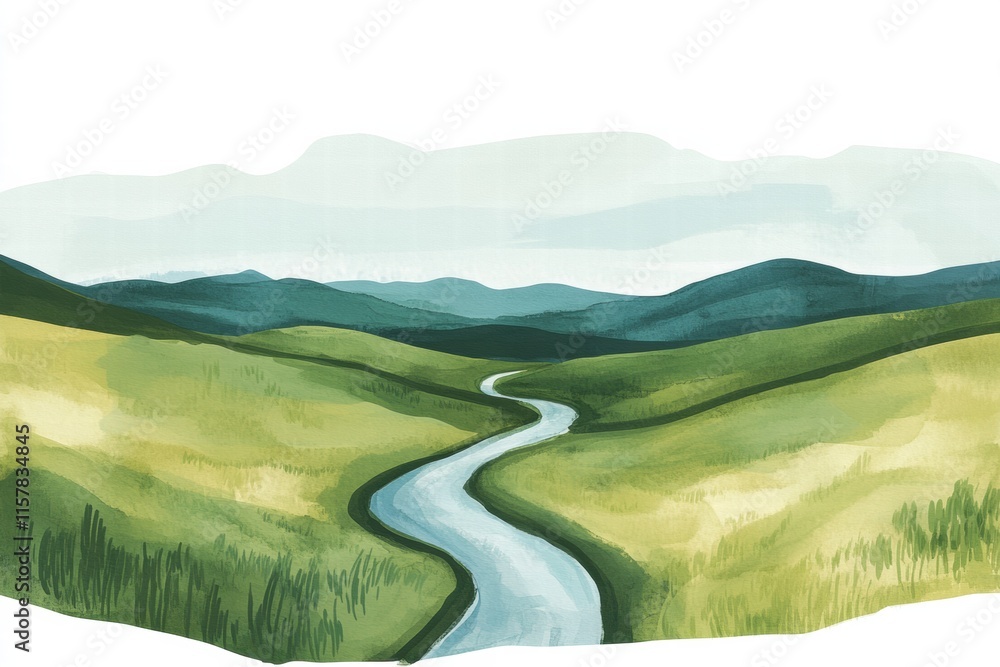 Poster serene landscape with flowing river and rolling hills in a naive art style for creative use. generat