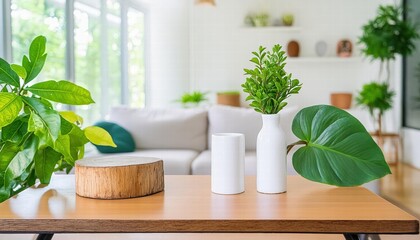 Elegant Interior Design Inspiration A Stunning Table Featuring a Lush Green Plant and a Minimalist White Vase, Perfect for Elevating Your Home Dcor and Creating a Serene Atmosphere