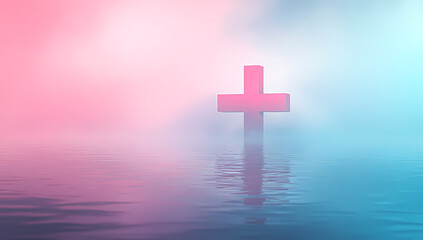 Obraz premium Easter cross reflection on calm water with misty backdrop