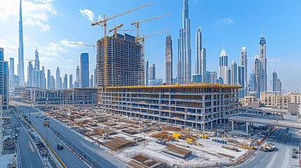 Panoramic view of modern city construction site with skyscrapers and cranes.
