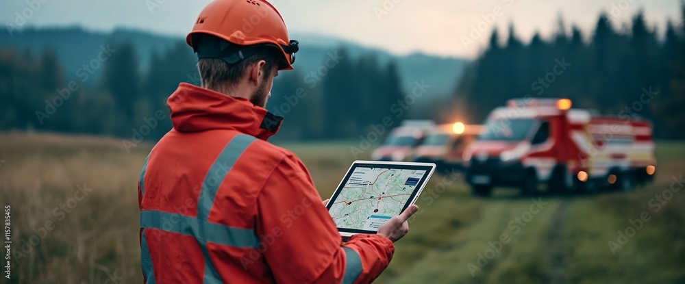 Aufkleber worker using a tablet in a field with emergency vehicles in the background.