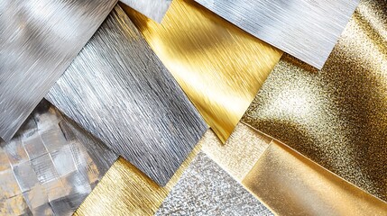 A collection of shiny gold and silver fabrics with a variety of textures