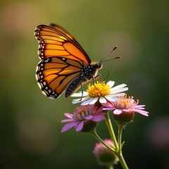 Fototapeta premium The image is a close-up of a butterfly resting on a pink flower. The butterfly has orange and black wings with white spots, and its body is facing towards the right side of the image.