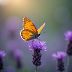 Obraz premium The image is a close-up of a butterfly resting on a purple flower. The butterfly has orange wings with black spots and a white body.