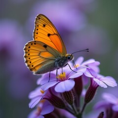 Obraz premium The image is a close-up of a butterfly resting on a purple flower. The butterfly has a bright orange body with black spots on its wings and antennae.