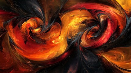 Abstract swirling colors, fiery and dark hues.