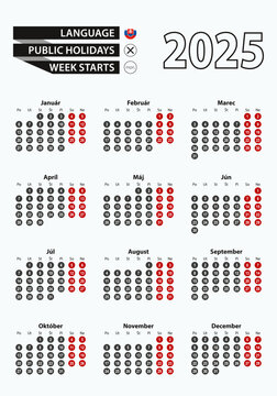 Vector template calendar 2025 with number in circles, simple Slovak calendar for year 2025.