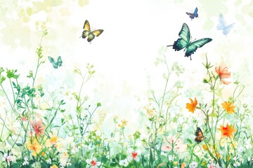 Playful doodle showcases a vibrant meadow filled with colorful flowers and fluttering butterflies during a sunny day. Generative AI