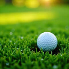 Obraz premium Golf ball partially buried in thick grass, morning dew, field, leaf, macro