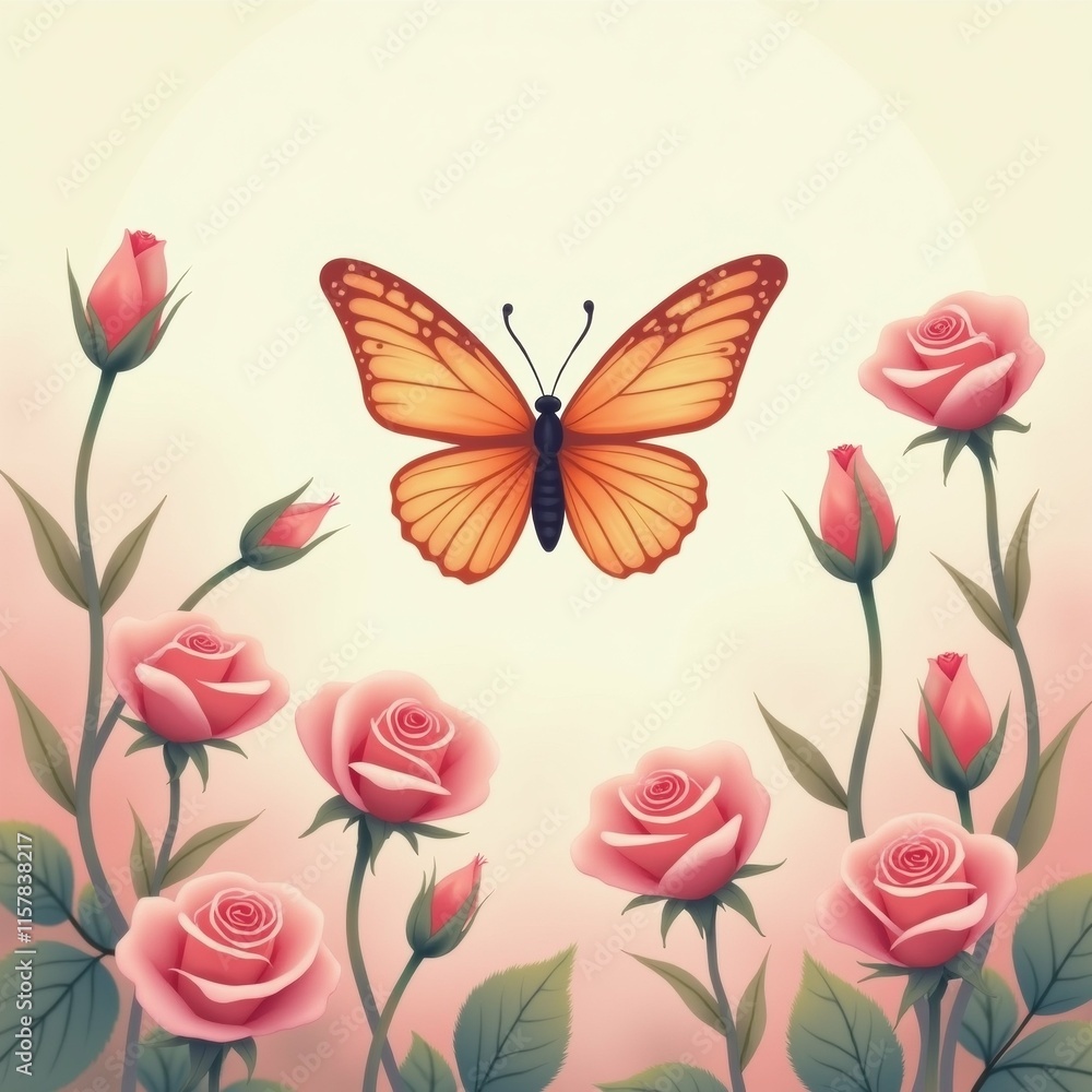 Poster the image is a digital illustration of a butterfly flying over a group of pink roses. the background