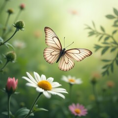Fototapeta premium The image is a digital illustration of a butterfly flying over a field of flowers. The butterfly has a white body with black wings and a yellow center.