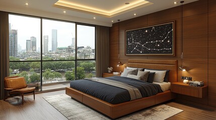 Celestial Dreams: A Cosmic Bedroom with Constellation Wall Art and Starry Lighting
