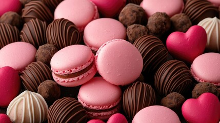 Delicious chocolate and pink macarons display pastry shop food photography cozy environment close-up view sweet treats