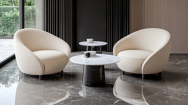 Modern living room with two cream armchairs and marble coffee tables.
