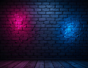 Black brick wall background rough concrete with neon lights and glowing lights. Lighting effect pink and blue on empty brick wall background