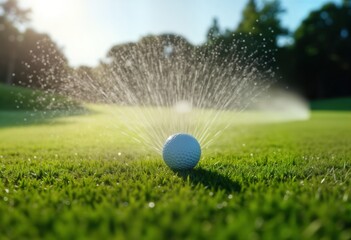 Irrigation system waters golf course. White golf ball under water spray. Green grass fresh. Outdoor scene. Care for nature. Recreation, sport. Automatic sprinkler system works. Maintenance in