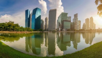Stunning Reflective Skyscrapers and Modern Business Office Buildings Overlooking a Vibrant Cityscape A Captivating Urban Landscape at Dawn