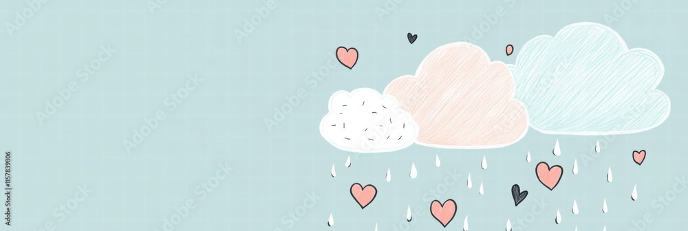Poster Whimsical hand drawn Valentines Day design featuring clouds, rain, and hearts with ample space for personalized text. Generative AI