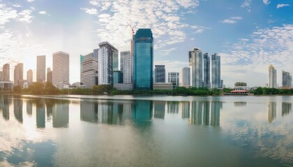 Stunning View of Reflective Skyscrapers and Modern Business Office Buildings Overlooking the Cityscape A Captivating Urban Landscape at Dusk