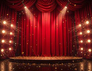 Red stage and curtain in theater background with bright lights and falling gold confetti 