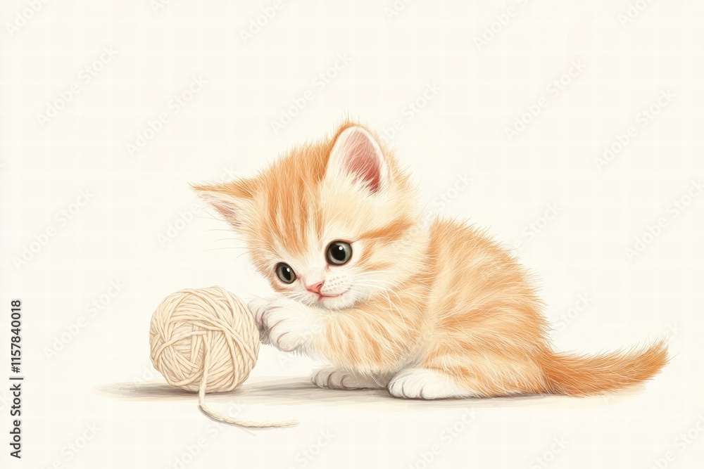 Poster cute kitten joyfully playing with a soft ball of yarn in a cozy setting, perfect for creative layout