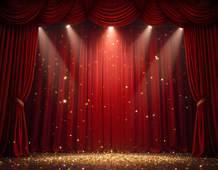 Red stage and curtain in theater background with bright lights and falling gold confetti 