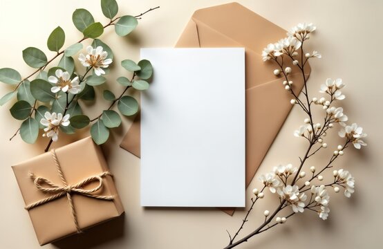 Elegant greeting card mockup with gift box, envelope. Natural eucalyptus, gypsophila twigs decorate scene. Blank card offers copy space for personalized messages. Beige tones create stylish, warm