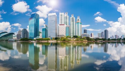 Fototapeta premium Stunning Reflective Skyscrapers and Business Office Buildings Overlooking the Cityscape A Modern Urban Landscape Captured in Image