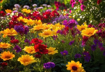 Obraz premium close vibrant flowerbed shimmering dew drops showcasing lush colors textures, bloom, petal, garden, leaf, plant, sunlight, nature, flora, blossom, scenic