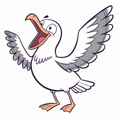 A gleeful seagull flying with an open beak and cheerful eyes