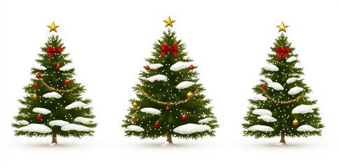 Fototapeta premium Modern illustration of a decorated Christmas tree in snow on a white background. Green, fluffy Christmas pine, isolated on white background