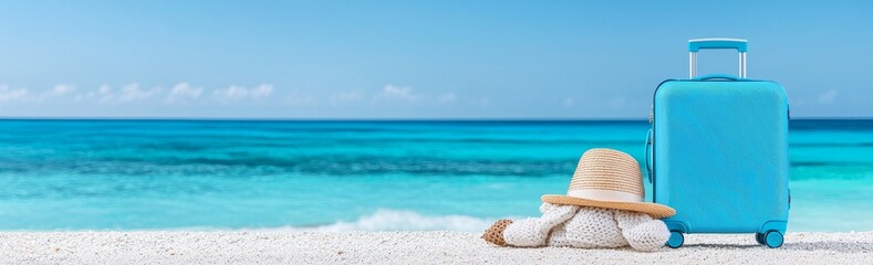 A blue suitcase with a woman's hat and flip-flops set against a tropical marina backdrop, symbolizing holidays and travel.