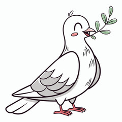 A happy dove holding a small olive branch in its beak