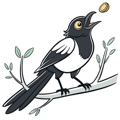 A happy magpie holding a small, shiny object in its beak