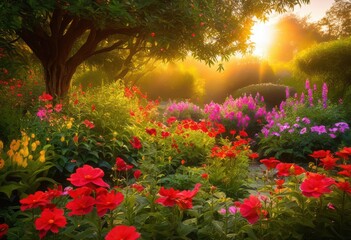 Obraz premium breathtaking pristine garden oasis captured sunrise vibrant colors serene surroundings, nature, flowers, trees, landscape, sky, clouds, light, greenery