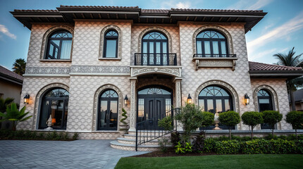 A two-story Mediterranean-style house with beige patterned stone facade, dark windows & doors, arched entryways, and a small balcony.  Landscaped with shrubs and a paved driveway.