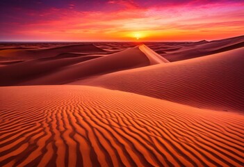 Naklejka premium vast expanses sand dunes under majestic sunset glow illuminate sky vibrant hues, desert, color, horizon, landscape, texture, shadow, orange, yellow, clouds