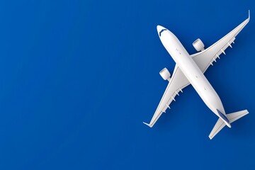 A flat lay travel concept featuring a plane on a blue background with ample copy space.