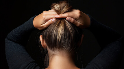 Fototapeta premium Close-up Photo: Woman Gracefully Styling High Bun Hairstyle Against Dark Background. AI Generated