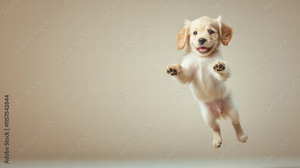 Aufkleber Joyful puppy jumping in mid air with plenty of space for text placement and mock up usage. Generative AI