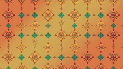 Thai Inspired Seamless Pattern: A captivating blend of traditional Thai patterns in a vibrant orange and green color scheme, perfect for adding a touch of cultural elegance to your designs.  