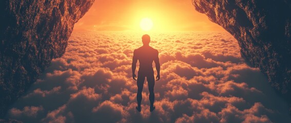 Fototapeta premium An adventurous hiker stands inside a cave, surrounded by rocky mountains in the background. This composite adventure scene is a 3D rendering of a peak, with an aerial image of the landscape from